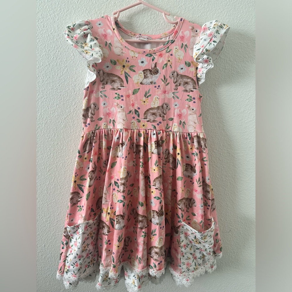 Girl’s bunny and duck pink dress, size 7/8.